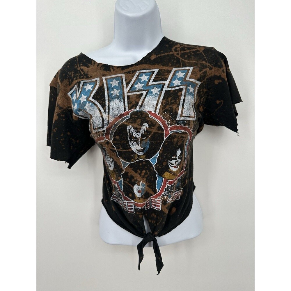 Women’s KISS Custom Distressed Cut Up Back Weave DIY Shirt  ‎ Rock Band S